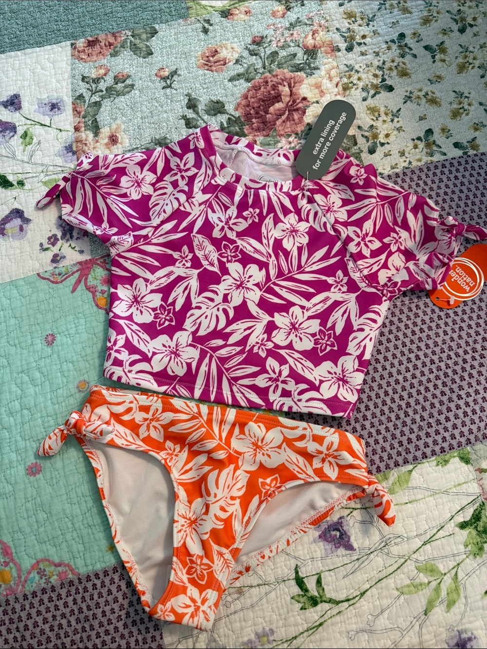 wonder nation Purple & Orange Floral Girls Two-Piece Swim Set